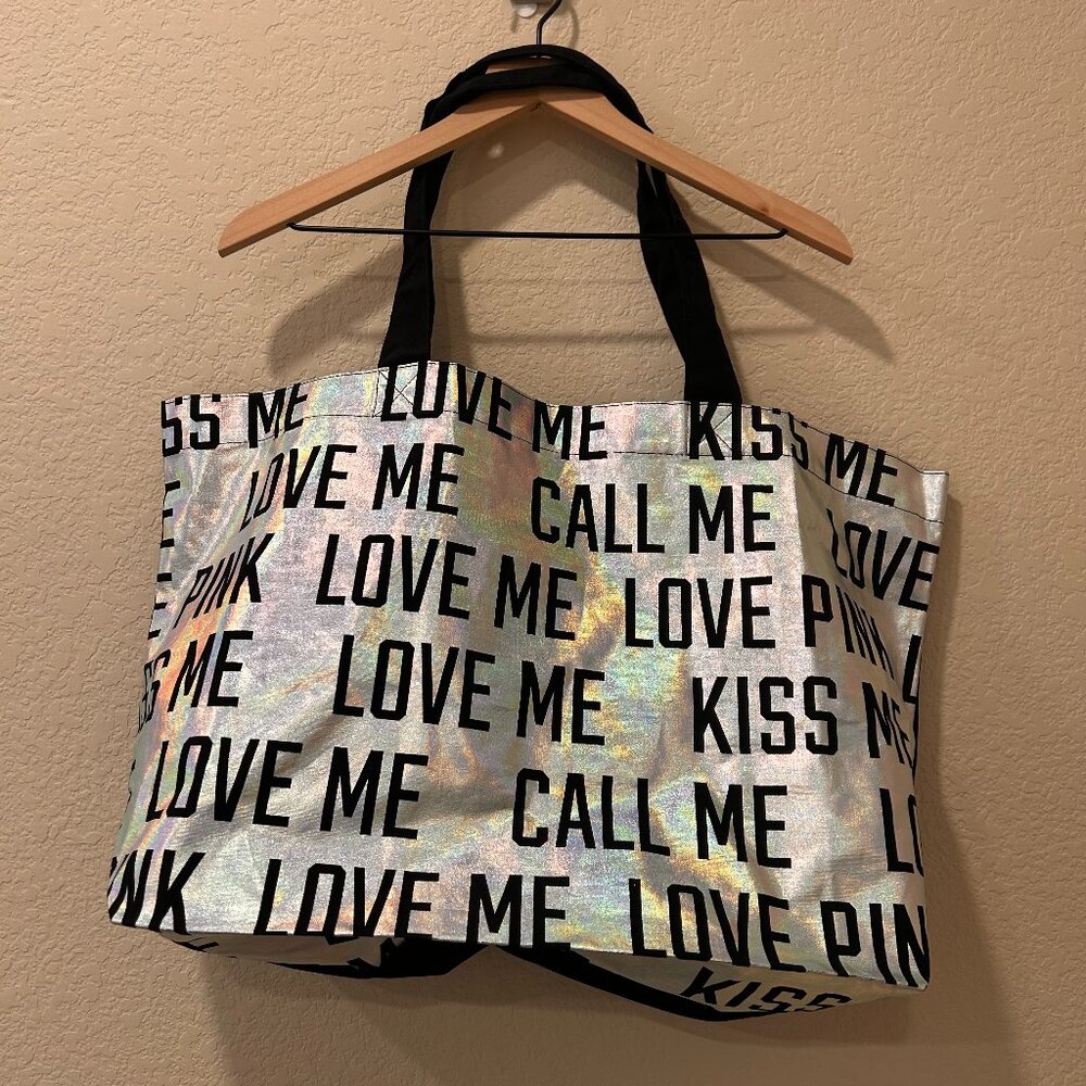 Victoria's Secret PINK  Love Me Tote Beach BooK Bag Silver and Black New
